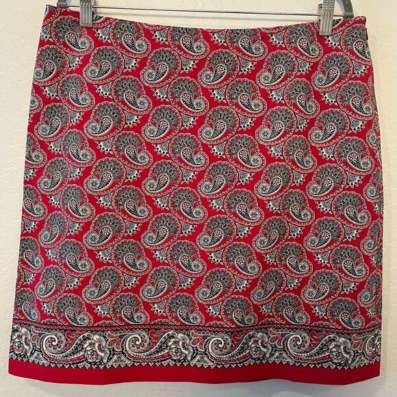 Vintage Red Paisley Stretch Midi Skirt Size 14 Romantic Retro Print - Picture 2 of 8